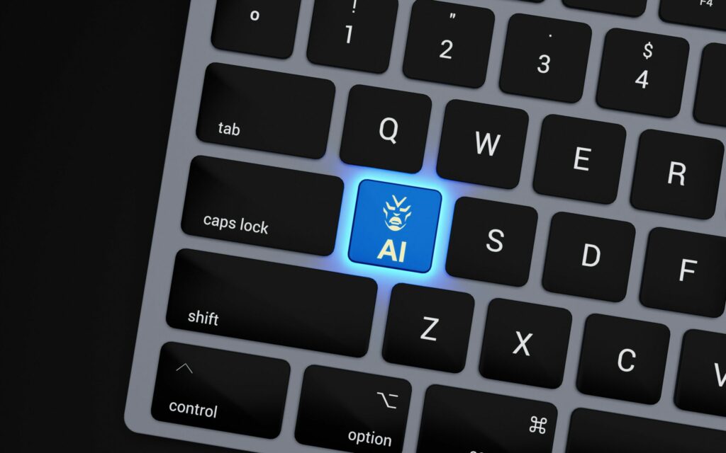 a-close-up-of-a-keyboard-with-a-blue-button