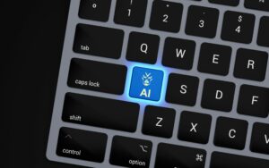 a-close-up-of-a-keyboard-with-a-blue-button